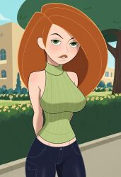  ai_generated arms_behind_back big_breasts cargo_pants civitai green_eyes kim_possible kimberly_ann_possible knitted_sweater large_breasts long_hair orange_hair small_waist sweater 