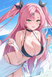  absurdres bare_shoulders bikini black_bikini black_choker black_ribbon blue_sky blurry blurry_background blush breasts choker cleavage collarbone commentary day earrings female fingernails glint green_eyes hair_ornament hair_ribbon hairclip halterneck heart heart_earrings highres holding huge_breasts jewelry leaning_forward long_hair looking_at_viewer mole mole_under_eye mountainous_horizon nail_polish nicole_demara o-ring o-ring_bikini o-ring_top ocean open_mouth outdoors parted_bangs pink_hair pink_lips pink_nails ribbon rosumerii sarong sky smile solo string_bikini swimsuit teeth thighs two_side_up upper_teeth_only water water_drop wet white_sarong zenless_zone_zero 