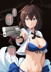  absurdres bikini blue_bikini blue_eyes braid breasts brown_hair cleavage female gun hair_between_eyes hair_flaps hair_over_shoulder handgun highres holding holding_gun holding_weapon ichikawa_feesu kantai_collection long_hair medium_breasts navel official_alternate_costume revolver shigure_(kancolle) shigure_kai_san_(kancolle) shigure_kai_san_(swimsuit)_(kancolle) shirt single_braid solo speech_bubble swimsuit weapon white_shirt 