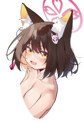  :d animal_ear_fluff animal_ears blue_archive blush breasts brown_hair cropped_torso eyeshadow female fox_ears fox_girl fox_hair_ornament halo highres izuna_(blue_archive) looking_at_viewer makeup nude oerba_yun_fang open_mouth painterliuhao pink_eyeshadow pink_halo simple_background small_breasts smile solo upper_body white_background yellow_eyes 