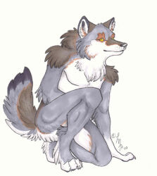  2002 anthro black_nose canid canine canis claws digitigrade finger_claws fur grey_body grey_fur hindpaw kneeling low_res male mammal marker_(artwork) nude orange_eyes paws pecs raised_tail signature simple_background snout solo tail toe_claws traditional_media_(artwork) unknown_artist unknown_artist_signature whisker_spots white_background white_body white_claws white_fur wolf 