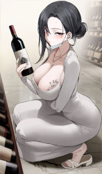  arm_under_breasts asymmetrical_bangs black_hair blush bottle breast_tattoo breasts cleavage collarbone commentary dongtan_dress dongtan_lady_(k_pring) dress female grey_dress grey_jacket highres holding holding_bottle jacket jewelry k_pring looking_at_viewer mask mask_pull meme_attire mouth_mask nail_polish necklace original scoop_neck solo squatting sweat symbol-only_commentary tattoo taut_clothes toenail_polish toenails white_mask wine_bottle wireless_earphones 