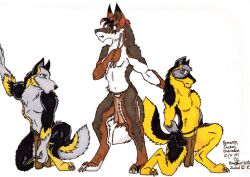  2001 anthro black_body black_fur black_nose blue_eyes bottomwear brown_body brown_bottomwear brown_clothing brown_fur brown_loincloth canid canine canis clothed clothing dated digitigrade drumming_stick fur green_eyes grey_body grey_fur group hindpaw holding_drumstick kneeling lakota_(artist) loincloth loincloth_only male mammal marker_(artwork) paws pen_(artwork) percussion_mallet simple_background snout standing tail topless traditional_media_(artwork) trio white_background white_body white_fur wolf yellow_body yellow_fur 