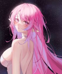  absurdres back backless_dress backless_outfit breasts commentary dress elf elysia_(herrscher_of_human:_ego)_(honkai_impact) elysia_(honkai_impact) female hair_between_eyes highres honkai_(series) honkai_impact_3rd jewelry jinnnnnn23 large_breasts long_hair looking_at_viewer looking_back open_mouth pink_hair pointy_ears purple_eyes sky solo star_(sky) starry_sky upper_body white_dress 