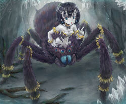  :o arachne armlet arthropod_girl black_fur black_hair bracelet breasts cave centauroid cleavage colored_skin commentary_request earrings extra_eyes extra_mouth fur_bracelet green_eyes hand_on_own_hip horns indoors jewelry looking_at_viewer medium_breasts medium_hair monster_girl navel original pale_skin plant_roots pointing sphere_earrings spider_girl stomach strapless taur toriatto_gununu tube_top veil webbing white_skin yellow_fur 