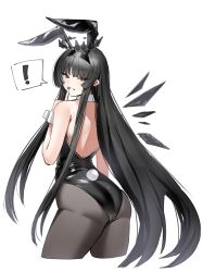  ! absurdres alternate_costume animal_ears arknights ass backless_leotard black_eyes black_hair black_halo black_pantyhose black_wings breasts commentary_request energy_wings fake_animal_ears female finger_to_mouth from_behind halo highres horn/wood leotard long_hair looking_at_viewer pantyhose playboy_bunny rabbit_ears rabbit_tail simple_background smile solo spoken_exclamation_mark strapless strapless_leotard tail very_long_hair virtuosa_(arknights) white_background white_wrist_cuffs wings wrist_cuffs 