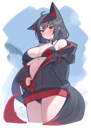  absurdres animal_ears bikini black_bikini black_hair black_jacket breasts closed_mouth deaver female fox_ears fox_girl fox_tail highres hololive jacket kurokami_fubuki large_breasts long_sleeves looking_at_viewer multicolored_hair red_eyes red_hair solo streaked_hair swimsuit tail virtual_youtuber 