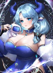  animal_ears astro_(miilkywayz) black_bow black_thighhighs blue_brooch blue_collar blue_dress blue_eyes blue_hair bow breasts cleavage closed_mouth collar commission cow_ears cow_girl cow_horns detached_collar dress earrings feather_boa female hairbow horn_ornament horns huge_breasts indie_virtual_youtuber jewelry long_hair miilkywayz mole mole_on_breast mole_under_eye mole_under_mouth sample_watermark side_slit signature skeb_commission star_(symbol) star_print thank_you thighhighs virtual_youtuber watermark yuileo0 