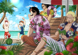  5boys beach beach_chair beach_umbrella bird black_hair blindfold blonde_hair blue_sky bow buggy_the_clown closed_eyes cloud eyewear_on_head facial_hair floral_print floral_print_shirt flower food fruit glasses goatee gol_d._roger hat hat_on_back hawaiian_shirt highres holding holding_stick holding_swim_ring lens_flare male_focus moustache multiple_boys musasabiop one-piece_swimsuit one_piece open_mouth orange_hat palm_tree partially_unbuttoned pectoral_cleavage pectorals plant playing red_bow round_eyewear scar scar_across_eye scopper_gaban shanks_(one_piece) shirt short_hair silvers_rayleigh simple_bird sitting sky smile sparse_leg_hair standing star-shaped_eyewear star_(symbol) stick straw_hat sun_glare sunglasses swim_cap swim_goggles swim_ring swimsuit teeth toned toned_male topless_male towel tree umbrella upper_teeth_only watermelon wide_ponytail 