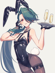  adapted_costume ahoge alcohol alternate_costume animal_ear_hairband animal_ears arched_back ass_visible_through_thighs bare_arms bare_shoulders black_gloves black_hairband black_leotard breasts bright_pupils champagne_flute chest_harness commentary_request covered_navel cup detached_collar dot_nose drinking_glass earrings fake_animal_ears fake_tail female gloves green_hair grey_background hairband hand_in_own_hair hand_up harness highres holding holding_tray jewelry leotard light_blush light_smile long_hair looking_at_viewer low_ponytail miri_(cherryjelly) one_eye_covered open_mouth pantyhose playboy_bunny pokemon pokemon_sv ponytail rabbit_ear_hairband rabbit_ears rabbit_tail red_eyes rika_(pokemon) shiny_clothes simple_background skindentation small_breasts solo tail thick_lips thigh_gap thigh_strap tray triangle_earrings very_long_hair white_pupils white_tail wide_hips 