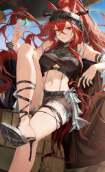  absurdres animal_ear_fluff animal_ears arknights arm_strap black_horns black_shorts breasts chest_belt commentary crossed_bangs female foot_out_of_frame hair_between_eyes high_heels highres hongbaise_raw horns horse_ears jewelry large_breasts linea_alba long_hair looking_at_viewer medium_breasts midriff multiple_rings narantuya_(arknights) navel red_eyes red_hair ribbed_shirt ring shirt short_shorts shorts sitting sleeveless sleeveless_shirt smile solo symbol-only_commentary 