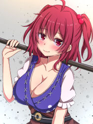  ahoge blush breasts cleavage closed_mouth coin collarbone commentary female grey_background highres large_breasts looking_at_viewer obi onozuka_komachi red_eyes red_hair rimasu71 sash short_sleeves smile solo touhou two_side_up upper_body 