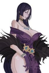  belt breasts cleavage closed_mouth collarbone dress fate/grand_order fate_(series) feather_boa feet_out_of_frame female gloves highres huge_breasts jewelry knife kunai long_hair looking_at_viewer minamoto_no_raikou_(exhibition_attire)_(fate) minamoto_no_raikou_(fate) mroaridnryed_alter necklace off_shoulder outdoors parted_bangs purple_dress purple_eyes purple_gloves purple_hair side_slit smile solo sword thigh_strap thighs very_long_hair weapon 