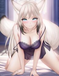  ahoge all_fours animal_ears artist_name bed bloom blue_eyes blurry blurry_background blush bra breasts cleavage collarbone commentary double_strap_slip english_commentary female fox_ears fox_girl fox_tail gigamessy gradient_hair grey_hair highres indoors large_breasts leaning_forward looking_at_viewer multicolored_hair navel nightgown on_bed original panties purple_bra purple_nightgown purple_panties smile solo tail underwear white_hair 