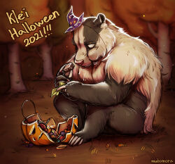  2021 4_toes 5_fingers anthro badger bear bearger_(species) black_body black_fur broken_object candy candy_corn claws clothing colored curling_toes dessert detailed detailed_fur don&#039;t_starve eating eating_food english_text exclamation_point feet fingers fluffy food forest forest_background fur glistening glistening_eyes grass halloween halloween_2021 hat headgear headwear holidays hybrid klei_entertainment lollipop male mammal mini_hat mostly_nude muhomora multicolored_body multicolored_fur mustelid musteline nature nature_background no_pupils pink_nose plant pumpkin_basket purple_clothing purple_hat purple_headwear shaded shrub signature sitting sitting_on_ground solo text toes tree two_tone_body two_tone_fur white_body white_claws white_fur witch_hat 