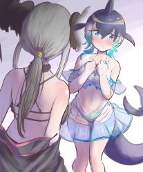  2girls animal_ears bald_eagle_(kemono_friends) bikini_under_skirt bird_girl bird_wings black_hair blonde_hair blowhole blue_hair blush cetacean_tail common_dolphin_(kemono_friends) dolphin_girl dorsal_fin fins fish_tail gm_(ggommu) head_fins head_wings highres kemono_friends kemono_friends_3 long_hair multicolored_hair multiple_girls short_hair tail white_hair wings 