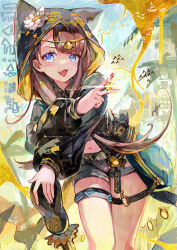  :d absurdres arknights between_fingers black_jacket black_shorts blue_eyes blush brown_hair coin cowboy_shot diffraction_spikes female flower gold gold_coin happyongdal hieroglyphics highres holding holding_coin hood hood_up hooded_jacket infection_monitor_(arknights) jacket leaning leaning_to_the_side long_hair long_sleeves looking_at_viewer navel o-ring o-ring_thigh_strap open_mouth pepe_(arknights) shorts smile solo standing thigh_strap two-sided_fabric two-sided_jacket white_flower yellow_jacket 