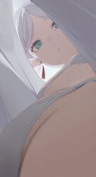  closed_mouth earrings elf female frieren green_eyes highres hiroki_(yyqw7151) jewelry lifting_own_clothes looking_down parted_lips pointy_ears shirt simple_background solo sousou_no_frieren upshirt white_background white_hair white_shirt 