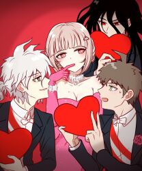  3boys ahoge alternate_costume alternate_hairstyle armpit_crease bare_shoulders black_hair black_suit blunt_bangs bow bowtie breasts bright_pupils brown_eyes brown_hair cleavage collarbone collared_shirt commentary cosplay covered_mouth danganronpa_(series) danganronpa_2:_goodbye_despair dress earrings elbow_gloves empty_eyes eyelashes female finger_to_mouth formal gentlemen_prefer_blondes gloves green_eyes hair_between_eyes hair_ornament hand_up hands_up heart highres hinata_hajime holding holding_heart index_finger_raised jewelry kamukura_izuru kmnm_1403 komaeda_nagito large_breasts light_blush light_brown_hair long_hair looking_at_another looking_to_the_side male_harem marilyn_monroe marilyn_monroe_(cosplay) mole mole_on_breast multiple_boys nanami_chiaki necklace open_mouth parody parted_lips pink_dress pink_eyes pink_gloves profile red_background red_eyes shirt short_hair simple_background smile sparkle spiked_hair strapless strapless_dress suit sweatdrop symbol-only_commentary tsurime upper_body white_bow white_bowtie white_pupils white_shirt 