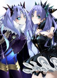  2girls arrow_(symbol) bare_shoulders black_dress black_gloves blue_bodysuit blue_cloak blue_eyes blue_hair blush bodysuit bow breasts cloak detached_collar dress elbow_gloves english_text ereshkigal_(fate) facial_mark fate/grand_order fate_(series) forehead_mark fur-trimmed_cloak fur_trim gameplay_mechanics gloves hair_ornament hair_ribbon hairbow highres horns ishtar_(fate) kino_kokko long_hair looking_at_viewer medium_breasts multicolored_hair multiple_girls parted_bangs ribbon smile space_ereshkigal_(fate) space_ereshkigal_(second_ascension)_(fate) space_ishtar_(astarte_origin)_(fate) space_ishtar_(fate) symbol-shaped_pupils thighs two-tone_hair two_side_up variant_set 