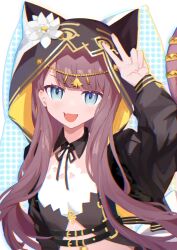  :d a_xiu_ya ankh arknights arm_up black_jacket black_ribbon blue_eyes brown_hair chinese_commentary chromatic_aberration commentary_request ear_piercing female flower gold hair_behind_ear head_chain highres jacket jewelry long_hair long_sleeves looking_at_viewer making-of_available neck_ribbon oerba_yun_fang open_clothes open_jacket open_mouth pepe_(arknights) piercing procreate_(medium) ribbon skin_fang smile solo two-sided_fabric two-sided_jacket upper_body v v_over_head white_flower yellow_jacket 