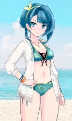  aizawa_kazuha arm_at_side assault_lily asymmetrical_hair beach bikini blue_bikini blue_eyes blue_hair blue_sky blunt_bangs blush bow_hairband bracelet breasts buttons closed_mouth cloud collarbone commentary_request cowboy_shot cross-laced_bikini cross-laced_clothes female floral_print front-tie_bikini_top front-tie_top hair_ribbon hairband hand_on_own_hip horizon jewelry long_sleeves medium_breasts medium_hair multi-strapped_bikini_bottom navel necklace ocean official_alternate_costume open_clothes open_shirt pendant photo_background print_bikini rabitan1022 ribbon ring see-through see-through_shirt shirt sky smile solo standing stomach swimsuit water white_shirt yellow_hairband yellow_ribbon 