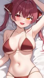  :d absurdres alternate_costume arm_up bed_sheet bikini bow breasts collarbone dot_nose female fuminshou_(nekopan_art) furrowed_brow gold_trim hair_between_eyes hair_intakes hairbow heterochromia highres hololive houshou_marine large_breasts light_blush long_hair looking_at_viewer lying navel on_back on_bed open_mouth orange_eyes red_bikini red_bow red_eyes red_hair sidelocks smile spaghetti_strap swimsuit twintails virtual_youtuber 