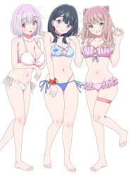  absurdres bikini black_hair blue_bikini blue_eyes blush breasts brown_hair frilled_bikini frills green_eyes gridman_universe gridman_universe_(film) highres large_breasts long_hair looking_at_viewer minami_yume official_alternate_costume purple_hair red_eyes scrunchie shinjou_akane sho_(shoshos_8888) short_hair swimsuit takarada_rikka thighs white_bikini wrist_scrunchie 