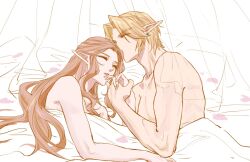  1boy bed_sheet blonde_hair brown_hair closed_eyes couple earrings female holding_hands jewelry kissing_hair kurokawa_karasu link long_hair pointy_ears princess_zelda short_hair sidelocks straight the_legend_of_zelda the_legend_of_zelda:_ocarina_of_time toned toned_male topless topless_male under_covers wavy_hair 