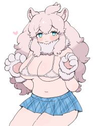  010mzam animal_ear_fluff animal_ears big_hair bikini bikini_top_only blue_eyes blush breasts female fluffy_hair fur_collar gloves heart highres kemono_friends kemono_friends_3 large_breasts lion_ears lion_girl long_hair looking_at_viewer medium_bangs navel plaid_clothes plaid_skirt plaid_trim skirt smile solo swimsuit tail white_bikini white_hair white_lion_(kemono_friends) 