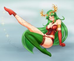  absurdres alternate_costume blush breasts diadem elbow_gloves female full_body gloves green_thighhighs highres kid_icarus kid_icarus_uprising leg_up lingerie long_hair looking_at_viewer mythro palutena red_gloves signature sparkle super_smash_bros. thighhighs underwear very_long_hair 