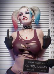  absurdres black_bra black_gloves blonde_hair blood blood_on_face blue_eyes blue_hair bra breasts character_name collar dc_comics double_middle_finger earrings english_text female fugtrup gloves harley_quinn height_mark highres jewelry large_breasts looking_at_viewer middle_finger mismatched_eyeshadow mugshot multicolored_hair necklace nipples pubic_tattoo red_hair solo_focus spiked_collar spikes tank_top tattoo torn_clothes twintails underwear white_facepaint 