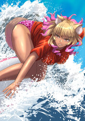  animal_ears animal_print bikini blonde_hair blue_sky breasts dark-skinned_female dark_skin fate/grand_order fate_(series) female fox_ears fox_girl fox_tail gradient_hair highres ksfactory large_breasts leaning_forward leopard_print long_hair multicolored_hair ocean pink_bikini pink_hair sidelocks sky smile surfboard surfing suzuka_gozen_(fate) suzuka_gozen_(swimsuit_rider)_(fate) suzuka_gozen_(swimsuit_rider)_(second_ascension)_(fate) swimsuit tail tan thighs waves yellow_eyes 