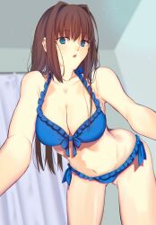  all_fours aozaki_aoko ass_visible_through_thighs bare_shoulders bikini blue_bikini blue_eyes blush breasts choppy_bangs collarbone female frilled_bikini frills from_below front-tie_bikini_top front-tie_top highres iro_(sekaixiro) large_breasts light_blush long_hair looking_at_viewer mahou_tsukai_no_yoru navel side-tie_bikini_bottom solo swimsuit type-moon 