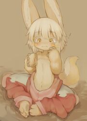  ! 1other absurdres animal_ears blush body_fur brown_fur claws closed_mouth english_commentary food furry highres holding holding_food holding_sandwich lazy_fish_(nameno54112657) made_in_abyss nanachi_(made_in_abyss) navel pants puffy_pants rabbit_ears red_pants sandwich short_hair simple_background sitting solo tail whiskers white_hair yellow_background yellow_eyes 