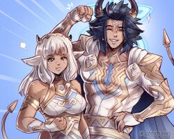  1boy animal_ears armlet ash_(fire_emblem) askr_(fire_emblem) blue_hair breasts cape clenched_hand covered_abs covered_pectorals cow_boy cow_ears cow_girl dark-skinned_female dark-skinned_male dark_skin earrings father_and_daughter female fire_emblem fire_emblem_heroes flexing gzei height_difference highres horns jewelry large_breasts large_pectorals long_hair muscular muscular_male one_eye_closed pectorals skin_tight small_horns smile tail twitter_username white_hair 