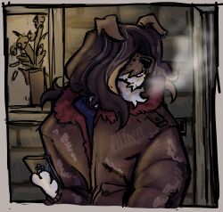  2023 3_fingers anthro bill_(flockdog) black_nose blue_clothing blue_sweater blue_topwear border breath brick_wall brown_clothing brown_coat brown_hair brown_topwear canid canine canis cellphone clothing coat colored digital_drawing_(artwork) digital_media_(artwork) domestic_dog doorway ear_piercing ear_ring electronics facial_piercing fingers flockdog floppy_ears fox_terrier fur fur_trim_(clothing) grey_border hair hair_over_eyes hi_res holding_cellphone holding_object holding_phone long_hair male mammal multicolored_body multicolored_fur nonbinary_(lore) nose_piercing nose_ring outside phone piercing plant plant_pot pockets potted_plant ring_piercing shaded solo sweater topwear trans_(lore) trans_man_(lore) two_tone_body two_tone_fur wall_(structure) white_body white_fur window 