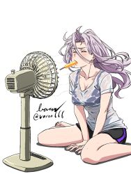  artist_name baron_(varon666) breasts cleavage closed_eyes collarbone covered_navel electric_fan female floating_hair food fuuto_tantei hair_flowing_over highres kamen_rider kamen_rider_w large_breasts long_hair popsicle see-through see-through_shirt shirt shorts signature simple_background sitting solo sweat sweatdrop tokime_(fuuto_tantei) twitter_username wariza white_background 