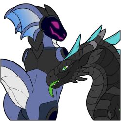  black_body blue_body dragon duo feathers fin green_eyes horn machine mythological_creature mythological_scalie mythology protogen scales scalie smile symrea telegram_sticker 