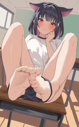  3: alien_adviser animal_ears barefoot black_hair black_panties blue_archive blunt_bangs blush bob_cut cat_ears classroom clenched_hand closed_mouth colored_inner_hair commentary dutch_angle embarrassed extra_ears eyelashes feet female foreshortening full_body gym_uniform hand_up highres indoors kazusa_(blue_archive) knees_apart_feet_together looking_at_viewer multicolored_hair panties panties_around_ankles panty_pull pink_hair raised_eyebrows red_eyes shirt short_hair short_sleeves sitting soles solo straight_hair symbol-only_commentary toenails toes tsurime underwear white_shirt 