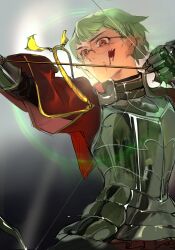  1boy aiguillette armor arrow_(projectile) blood blood_on_face bow_(weapon) drawing_bow fire_emblem fire_emblem:_three_houses gauntlets glint green_hair hair_ornament hairclip highres holding holding_bow_(weapon) holding_weapon ignatz_victor male_focus red_eyes sasataeko short_hair solo standing weapon 