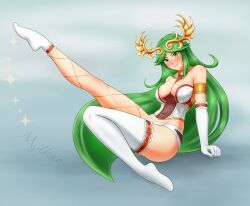  absurdres alternate_costume blush breasts covered_navel diadem elbow_gloves female full_body gloves green_eyes green_hair highres kid_icarus kid_icarus_uprising leg_up lingerie long_hair looking_at_viewer mythro palutena signature single_thighhigh sparkle thighhighs underwear very_long_hair white_gloves white_thighhighs 