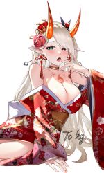  absurdres bare_shoulders blonde_hair breasts chest_tattoo chinese_commentary cleavage collarbone dot_nose earrings female finger_in_own_mouth floral_print flower forehead gold_choker green_eyes hair_flower hair_ornament hair_over_one_eye hairpin heterochromia highres horns japanese_clothes jewelry kimono large_breasts long_hair long_pointy_ears long_sleeves lying oerba_yun_fang off_shoulder on_side open_mouth parted_bangs pointy_ears red_eyes red_kimono red_nails rope seer_(game) shadow sijinni simple_background solo tattoo topless white_background white_hair wide_sleeves 