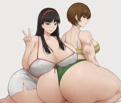  2girls amagi_yukiko ass batako_(batakoart) bikini black_hair breasts brown_hair collared_shirt highres huge_ass huge_breasts kneeling long_hair looking_at_viewer multiple_girls persona persona_4 satonaka_chie shirt short_hair simple_background swimsuit 