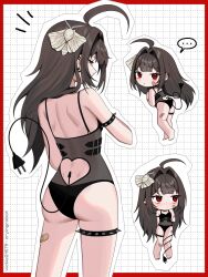  ... ahoge animal_on_head armlet ass bandaged_leg bandages bandaid bandaid_on_cheek bandaid_on_face barefoot black_one-piece_swimsuit border brown_hair bug cable cable_tail chibi chibi_inset clothing_cutout collar commentary cowboy_shot ear_piercing electric_plug_tail female from_behind grid_background hair_intakes half-closed_eyes heart_cutout highres jewelry long_hair looking_at_viewer looking_back mechanical_tail mole mole_under_eye moth multiple_views on_head one-piece_swimsuit original outline outside_border piercing red_border red_eyes sideways_glance spaghetti_strap speech_bubble spiked_armlet spiked_collar spiked_thigh_strap spikes spoken_ellipsis standing swimsuit tail tail_around_own_leg tail_raised thigh_strap vickie_(cryingrobot) vickie_(cryingrobot)_(character) 