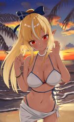  beach bead_necklace beads bikini blonde_hair blush bracelet breasts cleavage dark-skinned_female dark_elf dark_skin elf female highres hololive jewelry large_breasts long_hair looking_at_viewer multicolored_hair navel necklace ocean palm_tree pointy_ears red_eyes red_nails shiranui_flare smile solo streaked_hair sunset swimsuit taachika tree two-tone_hair virtual_youtuber white_bikini white_hair 