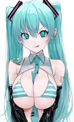  39 :q aqua_eyes aqua_hair aqua_necktie barbell_piercing between_breasts bikini black_sleeves breasts breasts_squeezed_together commentary_request crossed_bangs detached_sleeves female hair_between_eyes hair_ornament hatsune_miku highres large_breasts light_blush long_hair looking_at_viewer meme_attire micro_bikini miku_collar_bikini multiple_piercings necktie necktie_between_breasts number_tattoo ompf piercing shoulder_tattoo simple_background skindentation solo straight-on striped_bikini striped_clothes swimsuit tattoo tie_clip tongue tongue_out tongue_piercing twintails underboob upper_body v-shaped_eyebrows very_long_hair vocaloid white_background 