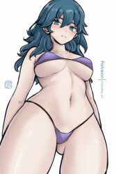  absurdres alternate_costume ass_visible_through_thighs bare_shoulders bikini blue_eyes blue_hair blush breasts byleth_(female)_(fire_emblem) byleth_(fire_emblem) chascoby commentary_request cowboy_shot female fire_emblem fire_emblem:_three_houses from_below grey_background highres large_breasts long_hair looking_at_viewer navel purple_bikini simple_background solo standing stomach swimsuit thighs 