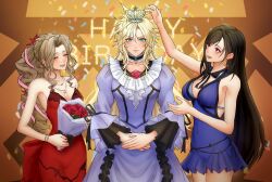  1boy 2girls absurdres aerith_gainsborough aerith_gainsborough_(red_dress) bare_shoulders birthday black_hair black_ribbon blonde_hair blue_dress blue_eyes blush bouquet breasts brown_hair cleavage closed_mouth cloud_strife cloud_strife_(ball_gown) confetti cowboy_shot crossdressing crown dress final_fantasy final_fantasy_vii final_fantasy_vii_remake flower frilled_sleeves frills hair_between_eyes halterneck happy_birthday hashtag-only_commentary highres holding holding_bouquet juliet_sleeves large_breasts long_hair long_sleeves messa_mo multiple_girls neck_ribbon official_alternate_costume open_mouth own_hands_together parted_bangs parted_lips puffy_sleeves purple_dress red_dress red_eyes red_flower red_rose ribbon rose short_dress small_breasts smile strapless strapless_dress tifa_lockhart tifa_lockhart_(refined_dress) 