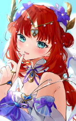  :d aqua_eyes bare_shoulders blue_sleeves blush bow circlet commentary_request detached_sleeves double_bun female finger_to_mouth fingernails flower genshin_impact gradient_sleeves hair_bun hair_flower hair_ornament headdress highres hydrokinesis long_fingernails long_hair looking_at_viewer nail_polish nilou_(breeze_of_sabaa)_(genshin_impact) nilou_(genshin_impact) official_alternate_costume parted_bangs pink_nails purple_bow purple_flower purple_ribbon red_hair ribbon sakurato_remi sleeveless smile solo twitter_username upper_body very_long_hair water white_sleeves 